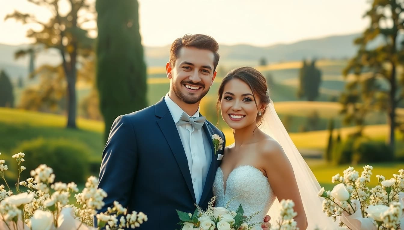 Capture of wedding photography featuring a couple amid beautiful scenery celebrating their love.