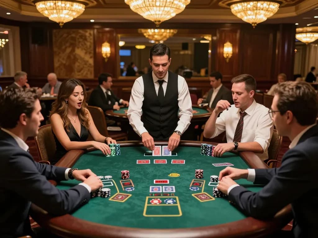 Engaged players strategizing their bets at 388bet blackjack table in a luxurious casino setting.