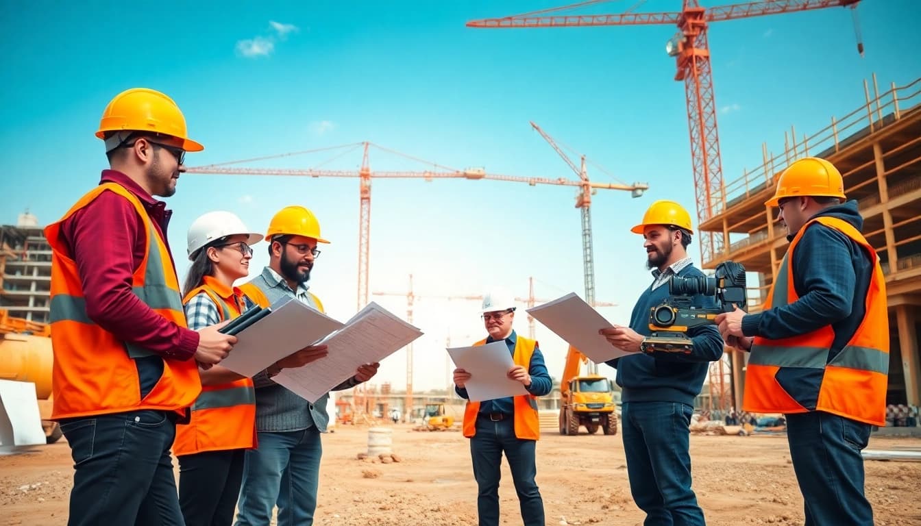Construction assessment testing being performed by professionals at an active site with machinery.