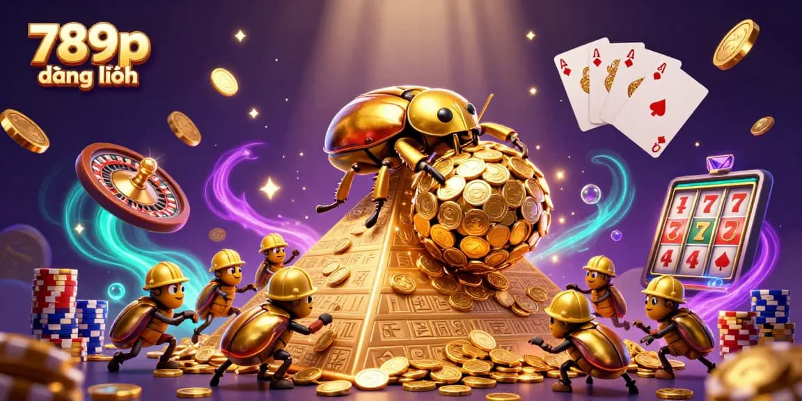 Engage with 789p đăng nhập for incredible wins with rich casino visuals of golden beetles and spinning reels.