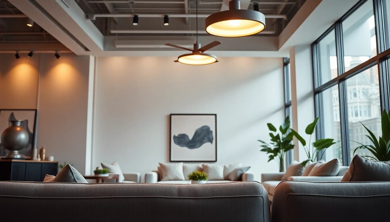 Sleek Illumination enhances a modern living room with stylish lighting fixtures and natural light.