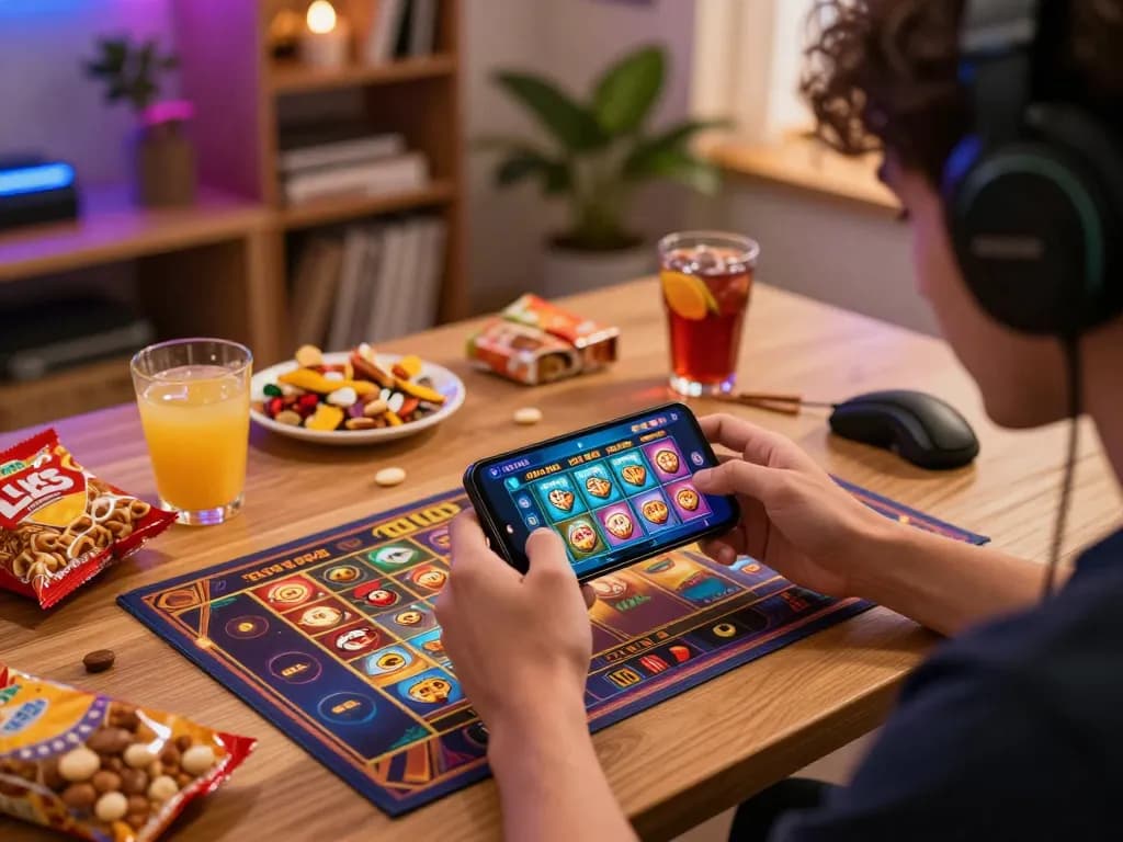Player excitedly using สล็อตวอเลท app on smartphone during a cozy home gaming night with snacks.