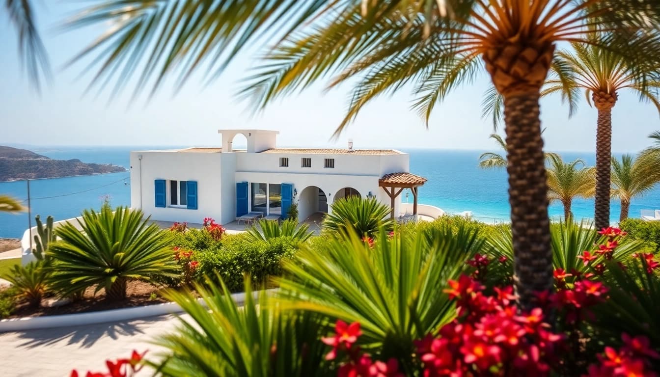 View of a beautiful villa property in Turkey Alanya against a picturesque Mediterranean backdrop.