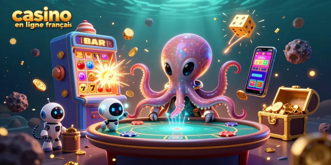 Le casino en ligne français met en scène un poulpe extraterrestre jouant aux cartes entouré de machines à sous scintillantes.