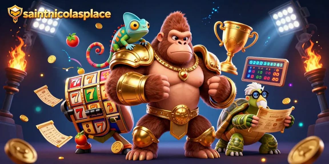 Experience exhilarating gaming at saintnicolasplace with playful characters in a vibrant casino scene.