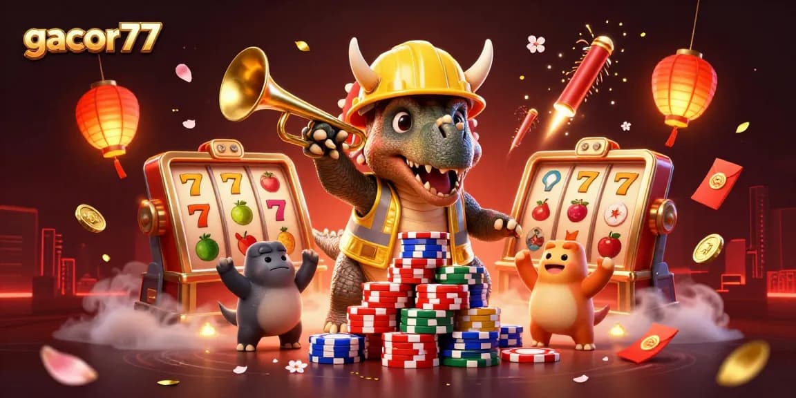 gacor77 merayakan kemenangan dengan dinosaur yang membangun chip poker dan simbol keberuntungan