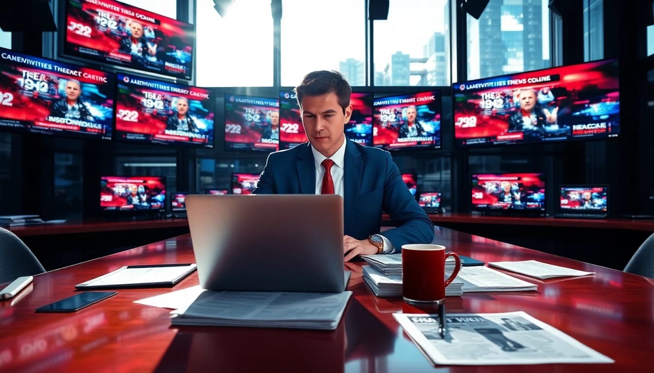 Report on latest news trends in a vibrant newsroom setting with digital updates.