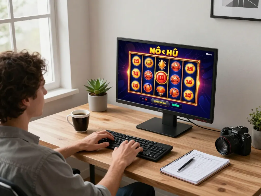 Nổ hũ gaming experience in a cozy home office, player engaging with vibrant slot machine interface on computer