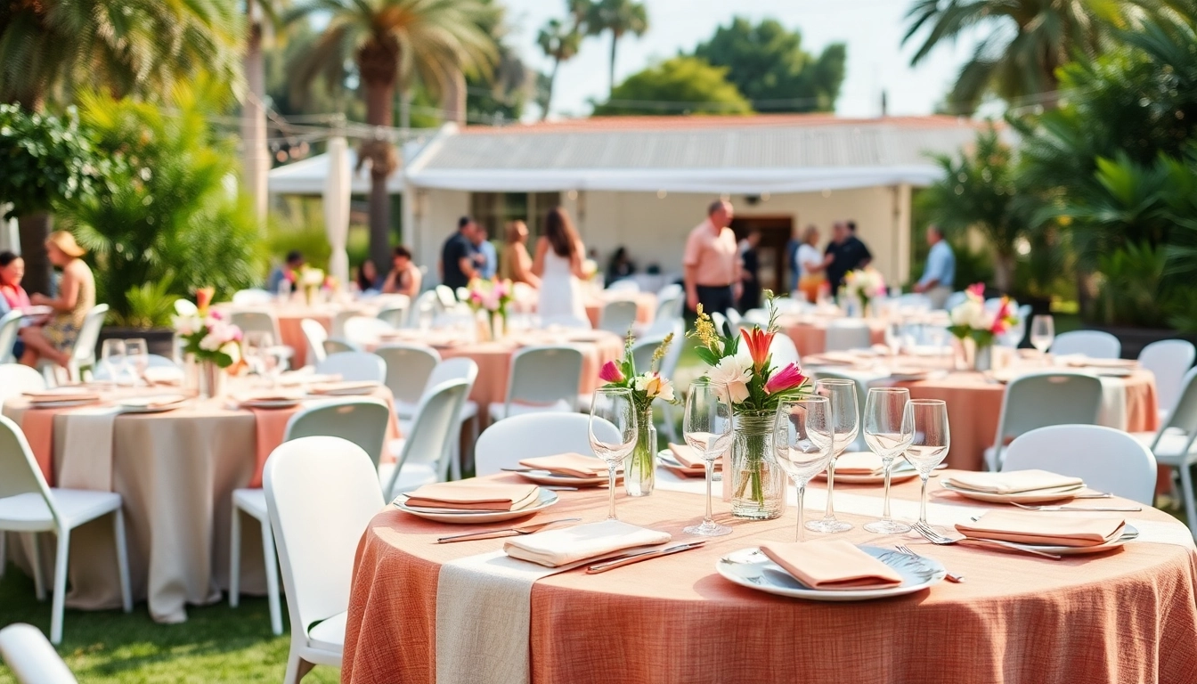 Elegant setting of Table Rentals at a vibrant outdoor event showcasing stylish decor.