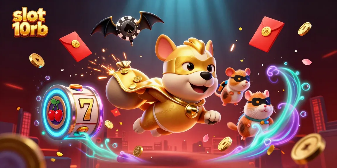 Spin to win with slot 10rb - a dynamic 3D illustration showcasing casino elements and characters.