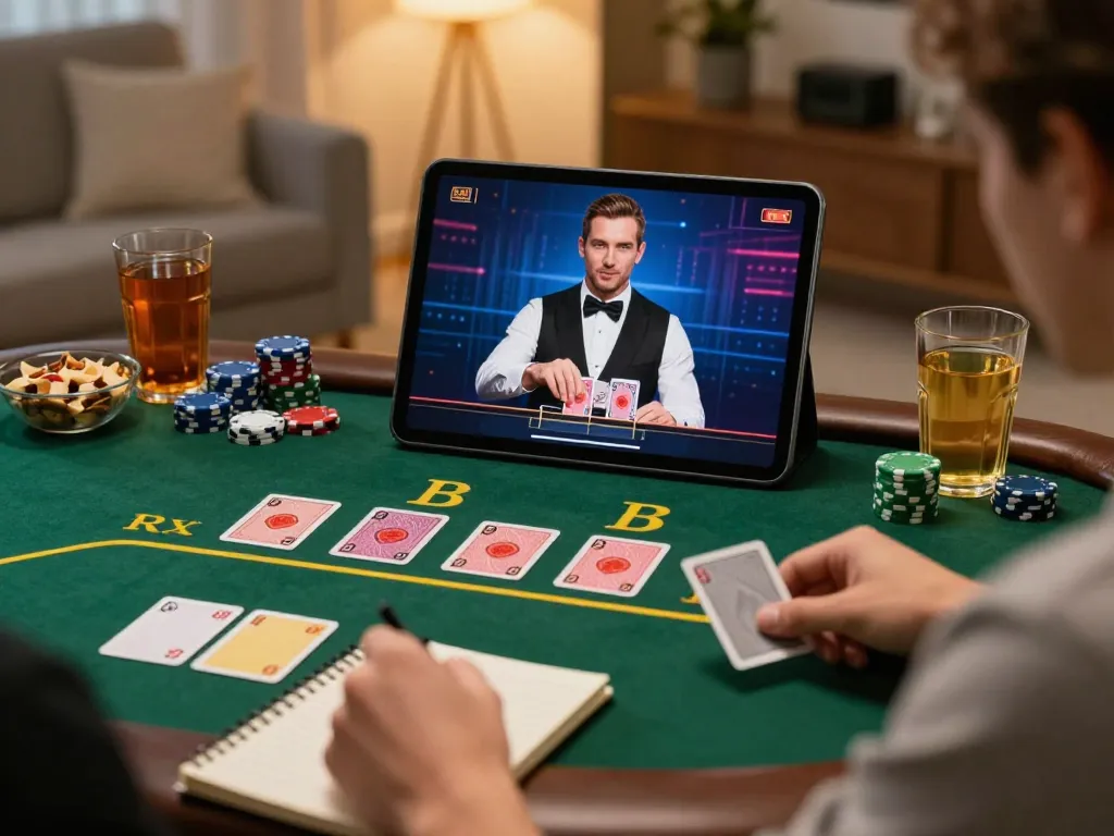 B52 player enjoying blackjack on tablet with live dealer in elegant home setting.
