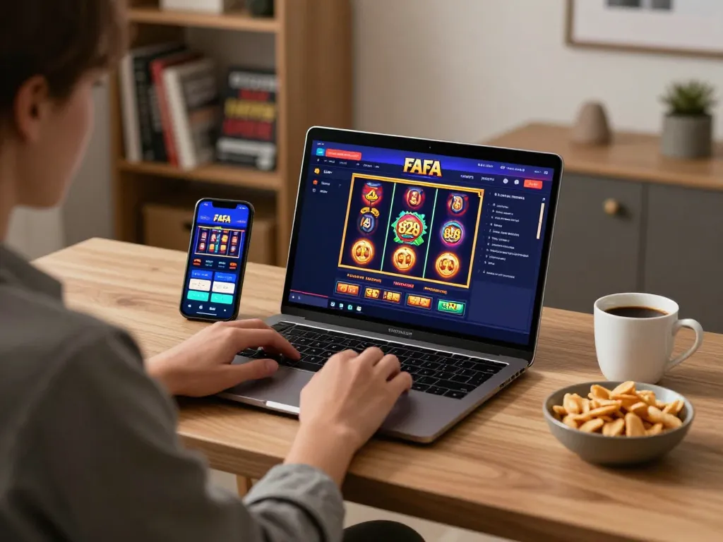 Engage with FAFA 828 slot games on a stylish home gaming setup for a thrilling experience.