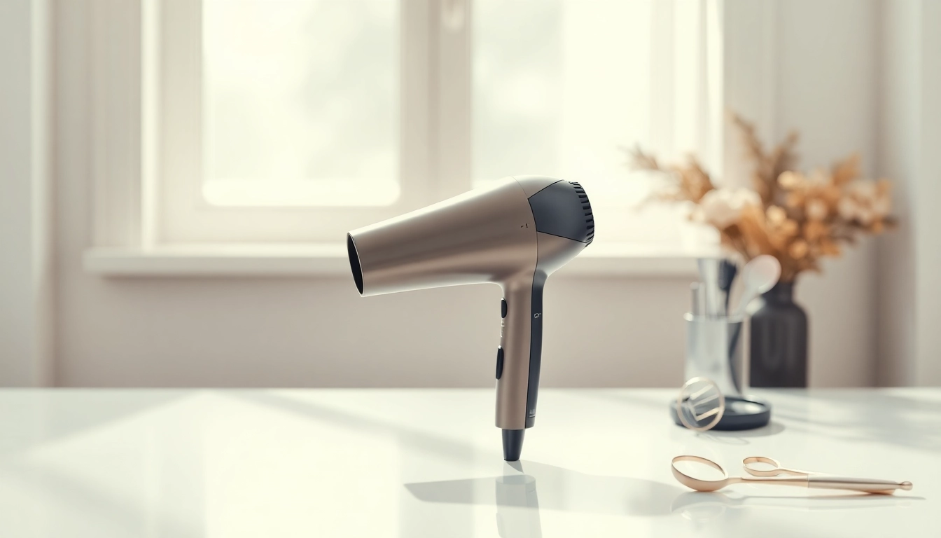 Efficient hair dryer for fine hair elegantly displayed on a vanity.