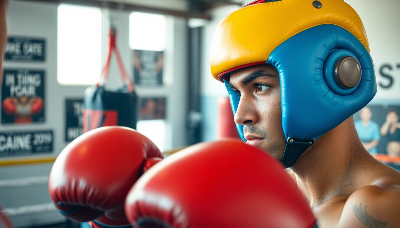 Boxer trainiert mit hochwertigem headgear boxing und zeigt Entschlossenheit im Ring.