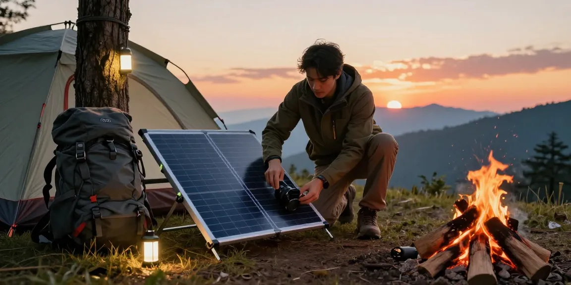 Setting up a Foldable Solar Panel while camping, charging gear during sunset.