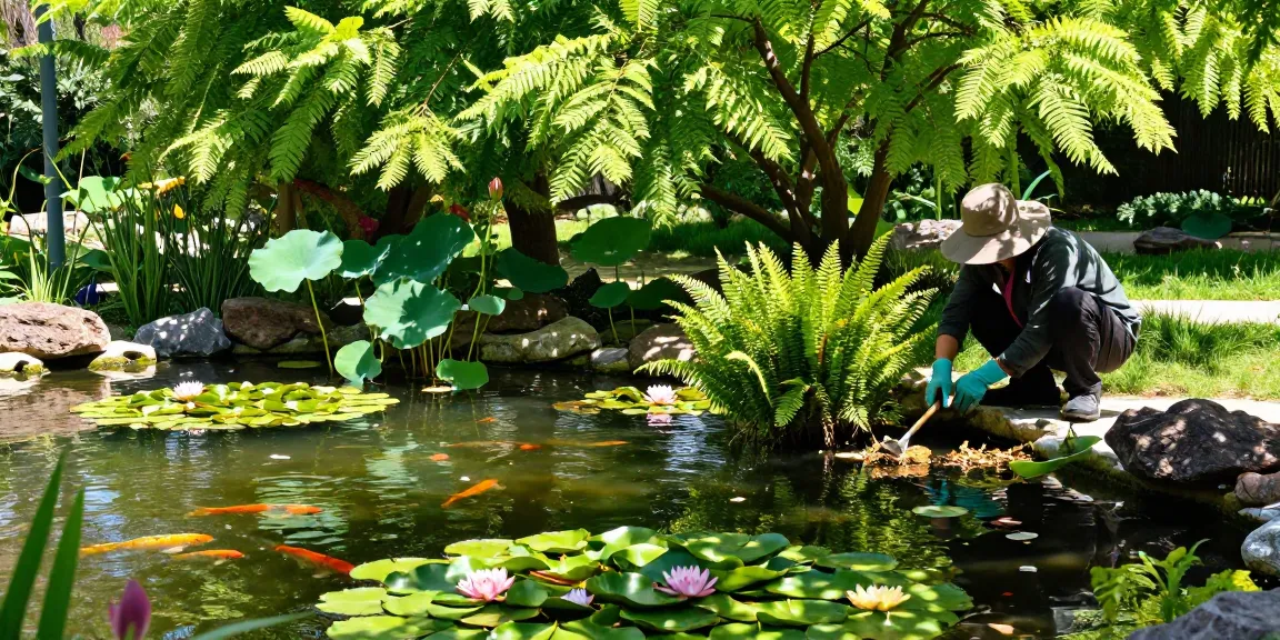 Pond plants like water lilies and floating ferns thriving in a vibrant garden pond, tended by a gardener.
