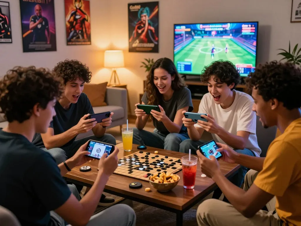 Friends enjoying a vibrant gaming night playing tải go88 on mobile devices in a cozy living room.
