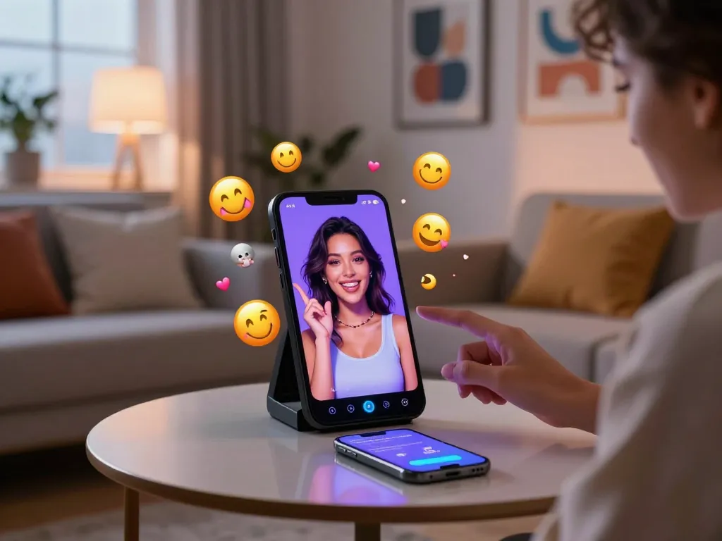 Engaging AI sexting interaction showing user with virtual companion in a cozy setting.