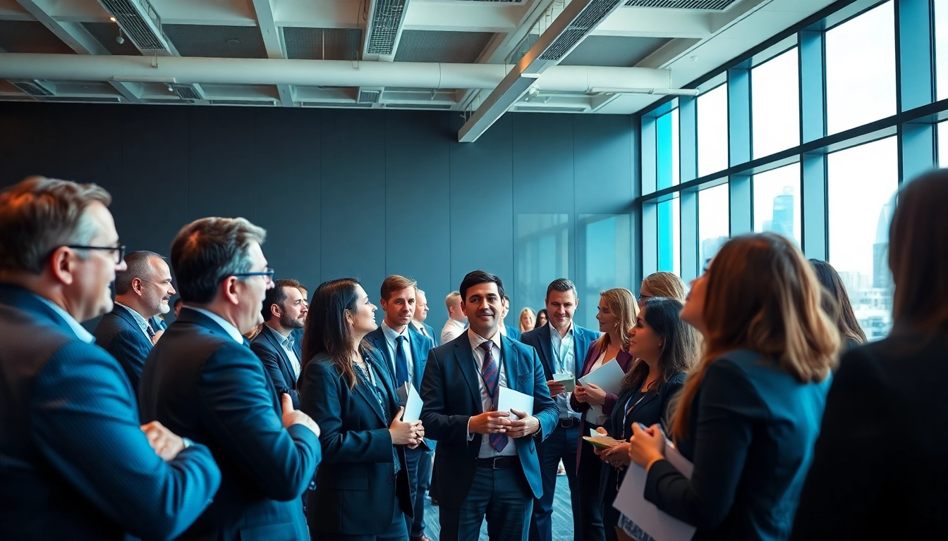 Construction association professionals networking at a modern conference event.
