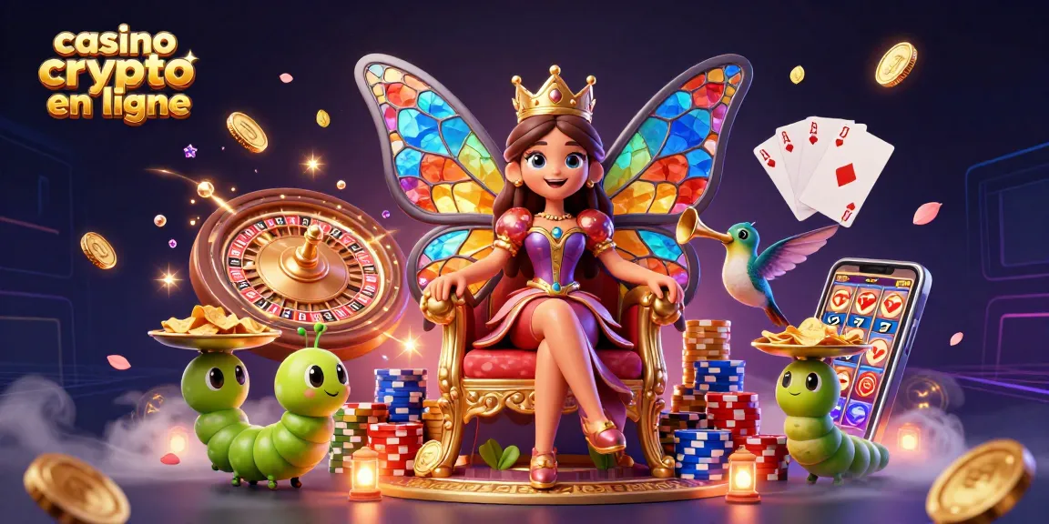Illustration 3D de la reine des papillons sur son trône de fleurs, symbole du casino crypto en ligne avec des éléments de jeu captivants.