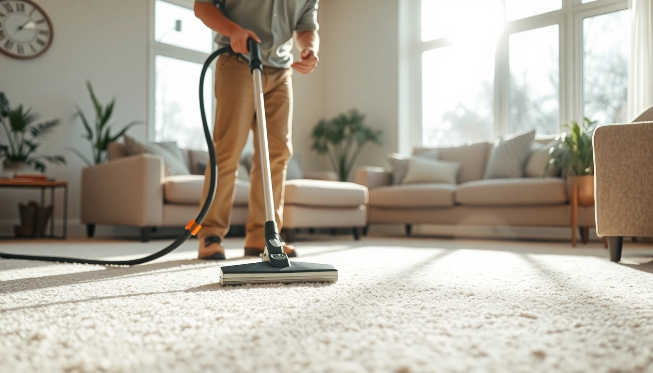 Best carpet cleaning company technician expertly cleaning a plush carpet in a bright living room.