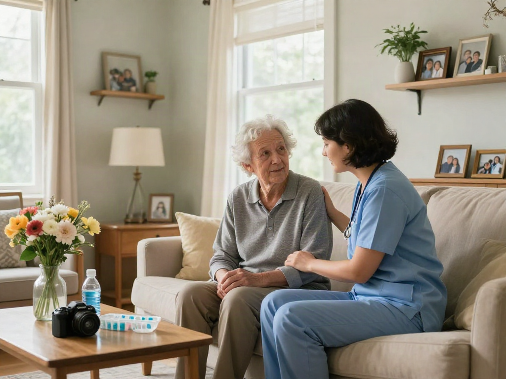 Caregiver assisting senior client in home care setting, demonstrating bonus new member services.