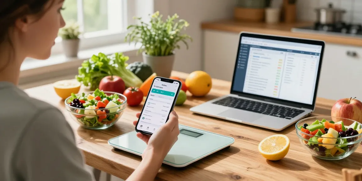 Healthy individual using the best calorie tracking apps in a bright kitchen.