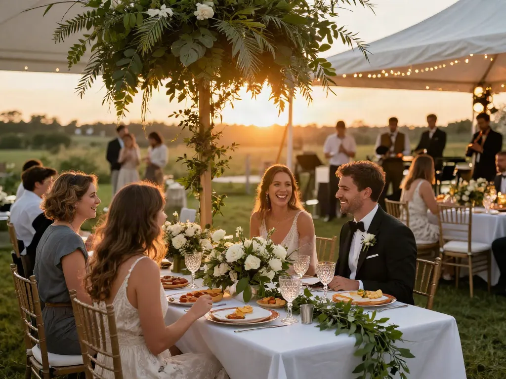 Elegant outdoor wedding reception with event rentals, beautifully adorned tables, lush greenery, and sunset glow.