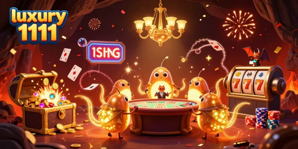 Penjudi menggali jackpot di luxury 1111 dengan slot penuh koin berkilau dan kartu bermain yang berputar.
