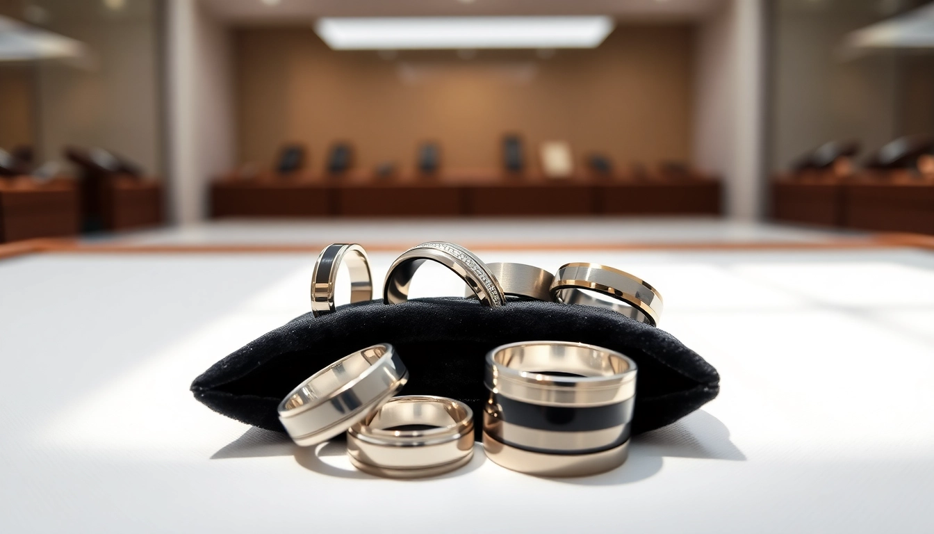 Admire exquisite tungsten rings featuring unique designs on a velvet backdrop.