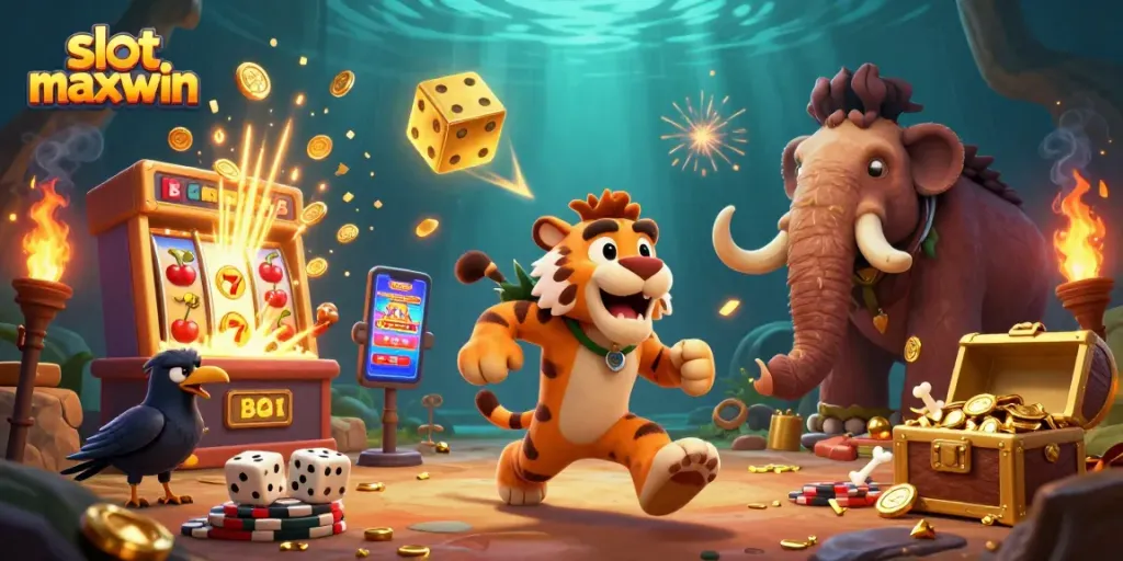 Experience thrilling gameplay with slot maxwin in a vibrant prehistoric casino scene.