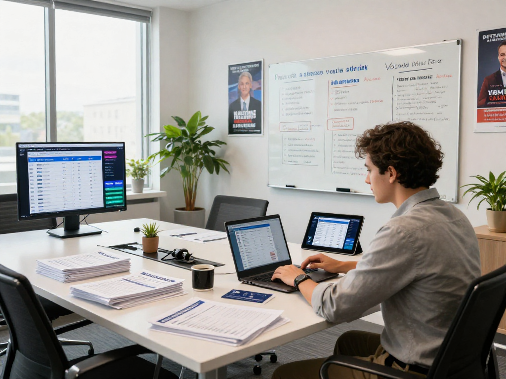 Political PPC cost analysis in a vibrant campaign office showcasing data-driven strategies for effective voter engagement.