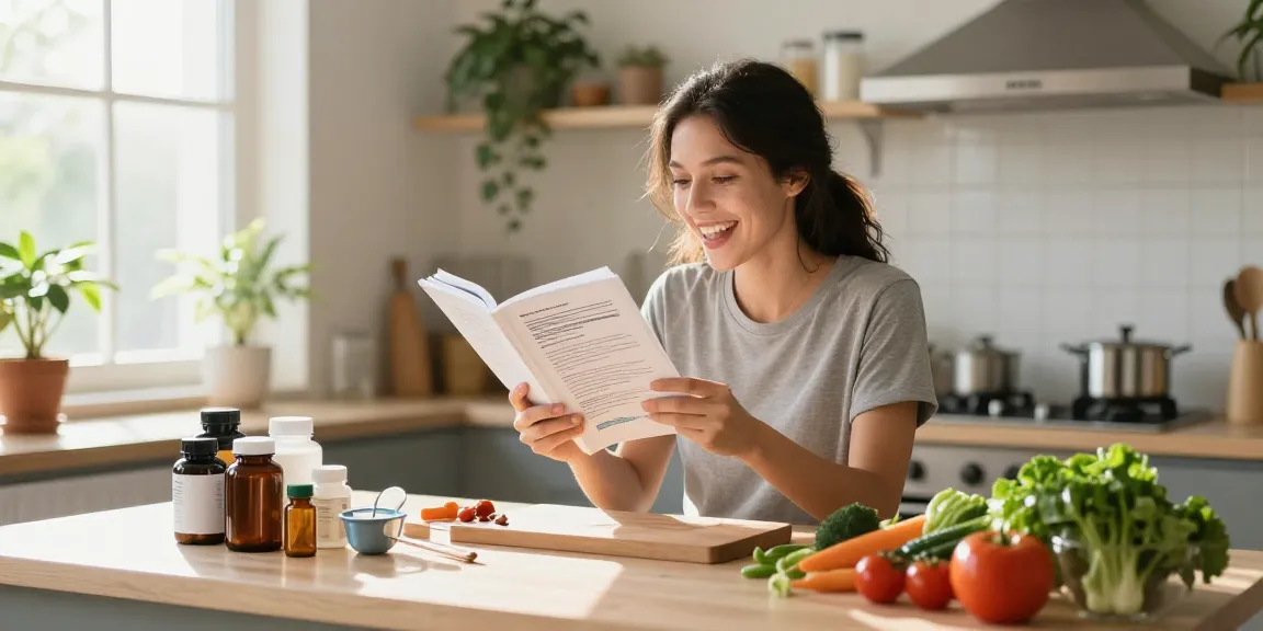 Person researching science-backed supplements in a bright kitchen with fresh vegetables and supplements.