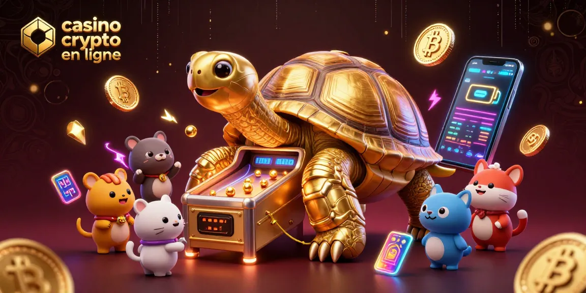 Découvrez le casino crypto en ligne avec une tortue d'or et des pièces numériques éclatantes.