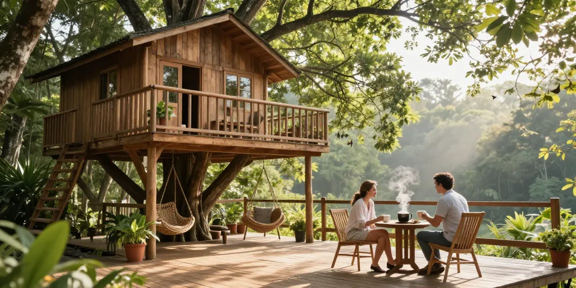 Couple enjoying coffee on treehouse deck surrounded by lush greenery