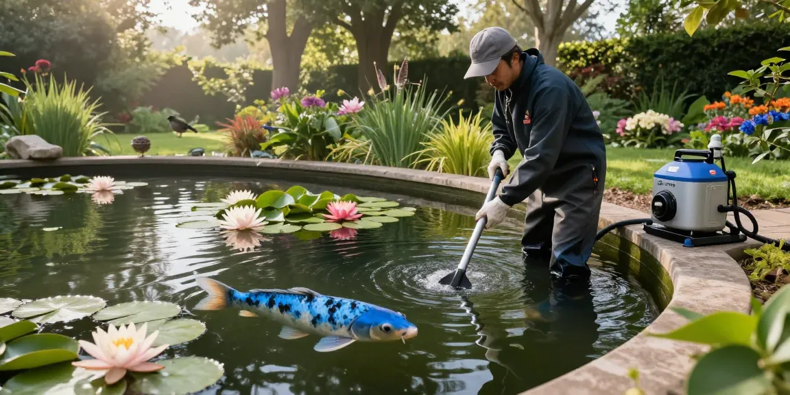 Professional Pond Cleaning Kent as a technician maintains a vibrant pond environment while ensuring aquatic health.