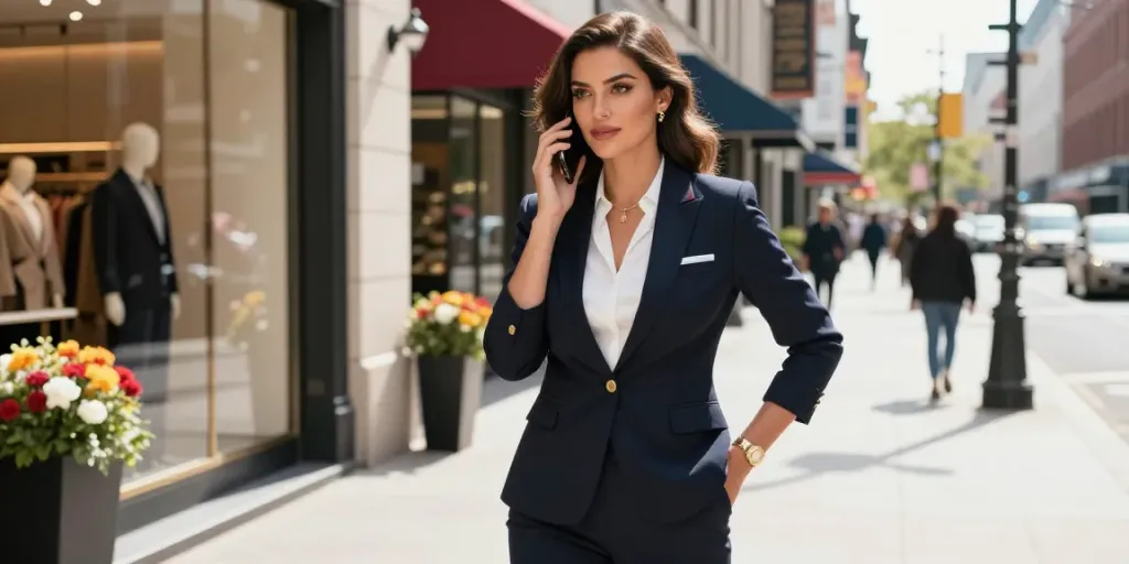 Confident call girl professional in stylish attire on city street