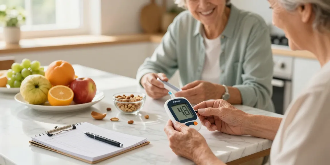 Couple using 血糖機 to monitor health in a sunlit kitchen.