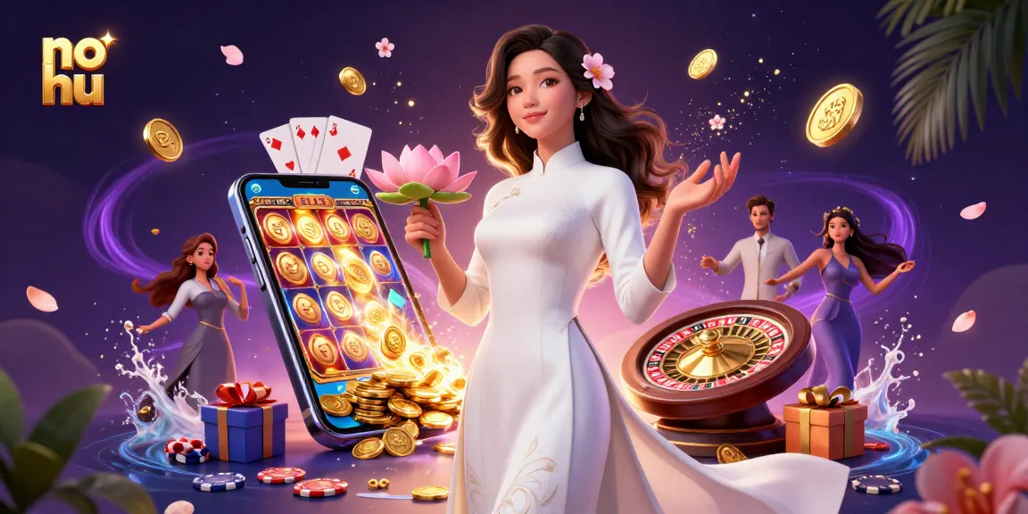 Spin and win at no hu with an elegant Asian woman holding a lotus and a golden coin amidst vibrant casino elements.