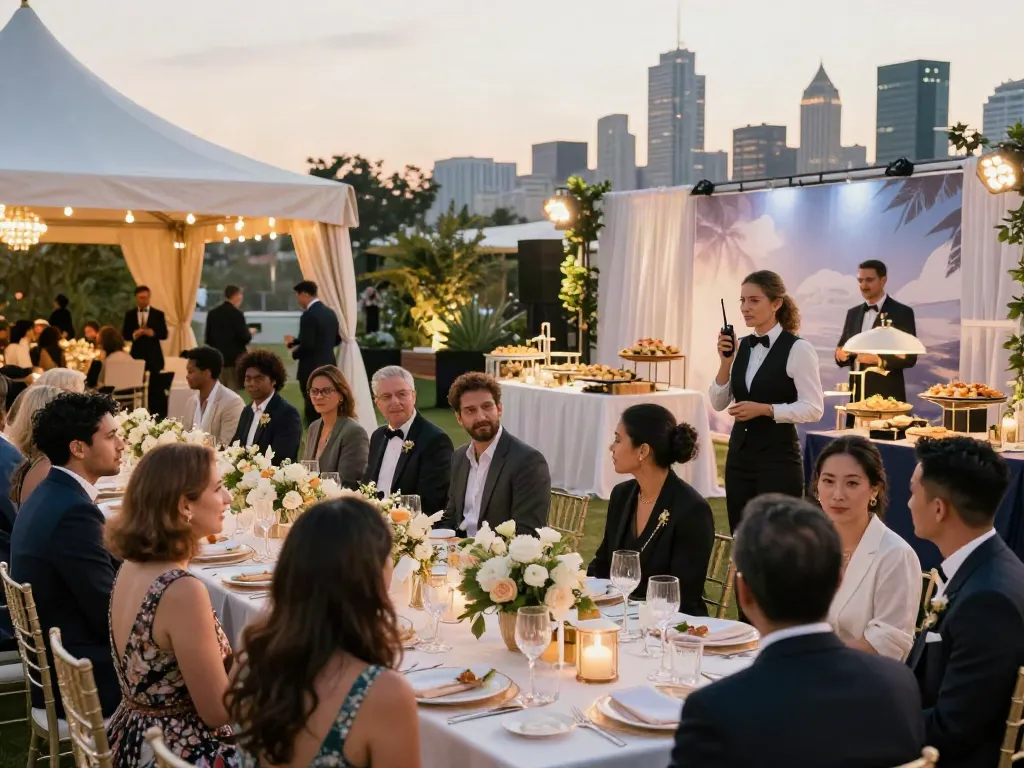 Event rentals create a stunning outdoor gala with elegant decor, diverse guests, and a professional planner coordinating activities.