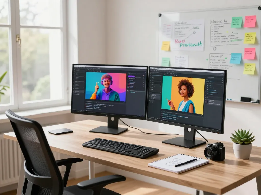 Creative workspace for image to prompt generation with a designer at modern desk, dual monitors displaying vibrant prompts.