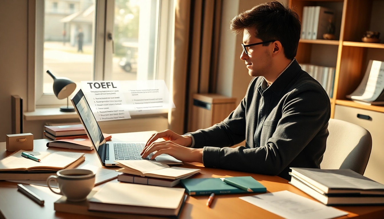 Engaging scene where a student prepares to pay someone to take toefl exam with various study materials.