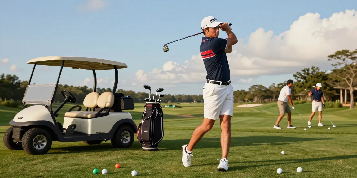 Stylish golfer practicing with 골프웨어 레플리카 in vibrant outdoor setting.