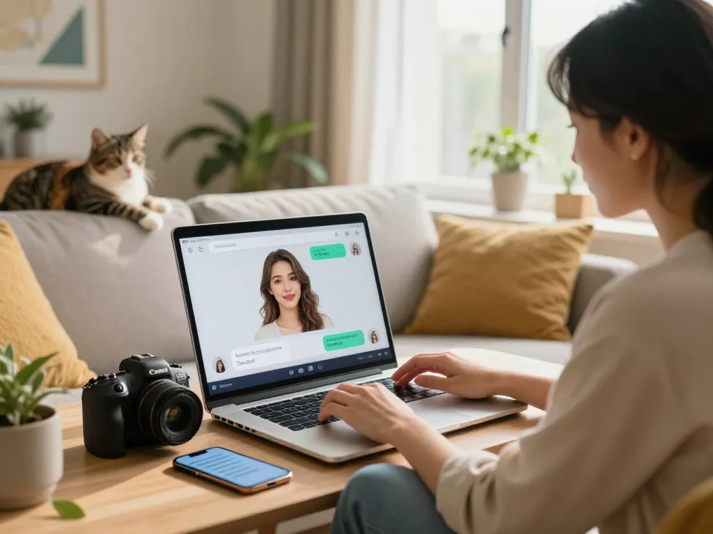 Engaged user interacting with AI girlfriend chatbot in a cozy setting, showcasing a personal connection.