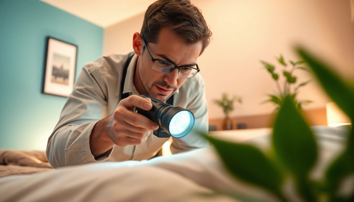Engaging bed bug extermination near me expert providing treatment in a warm, inviting bedroom.