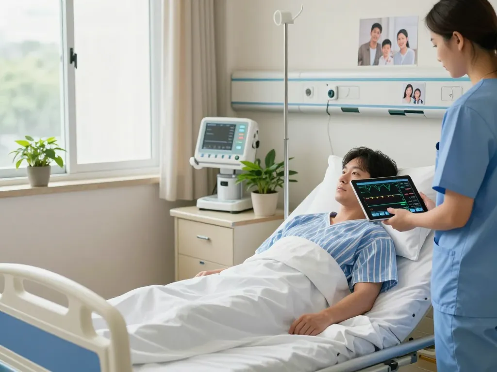 Patient in a giường bệnh nhân with caregiver adjusting settings for comfort, showcasing a caring healthcare environment.