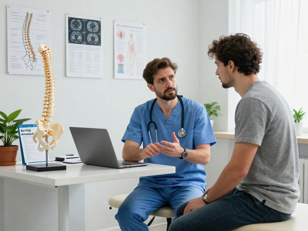 Bel fıtığı ameliyatı discussion between an orthopedic surgeon and patient in a modern clinic setting.