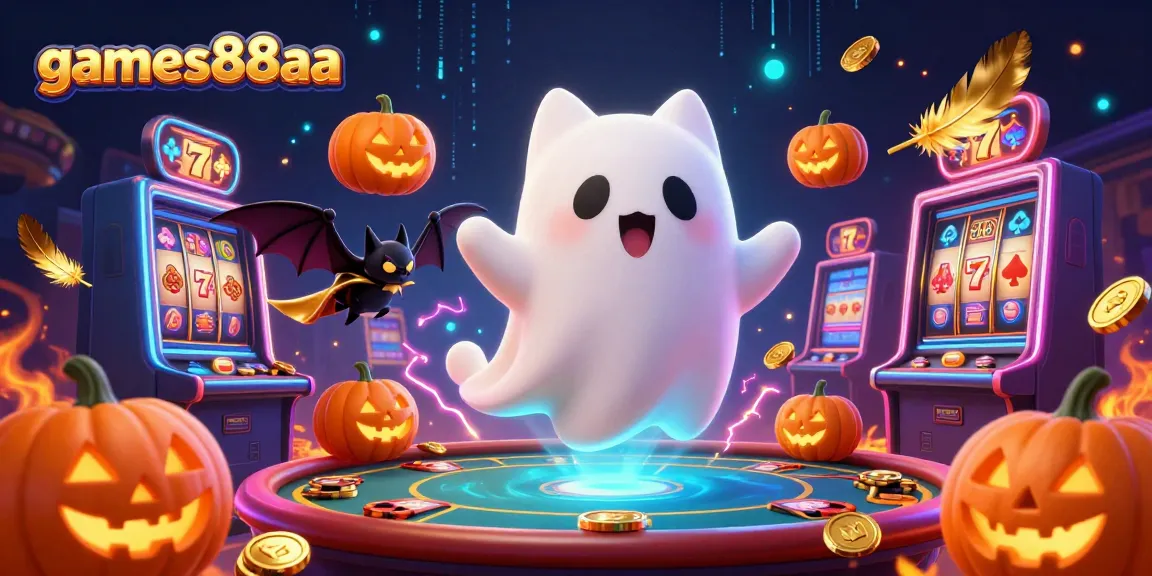 Experience thrilling action at games88aa with a magical ghost cat and glowing poker-themed decorations.