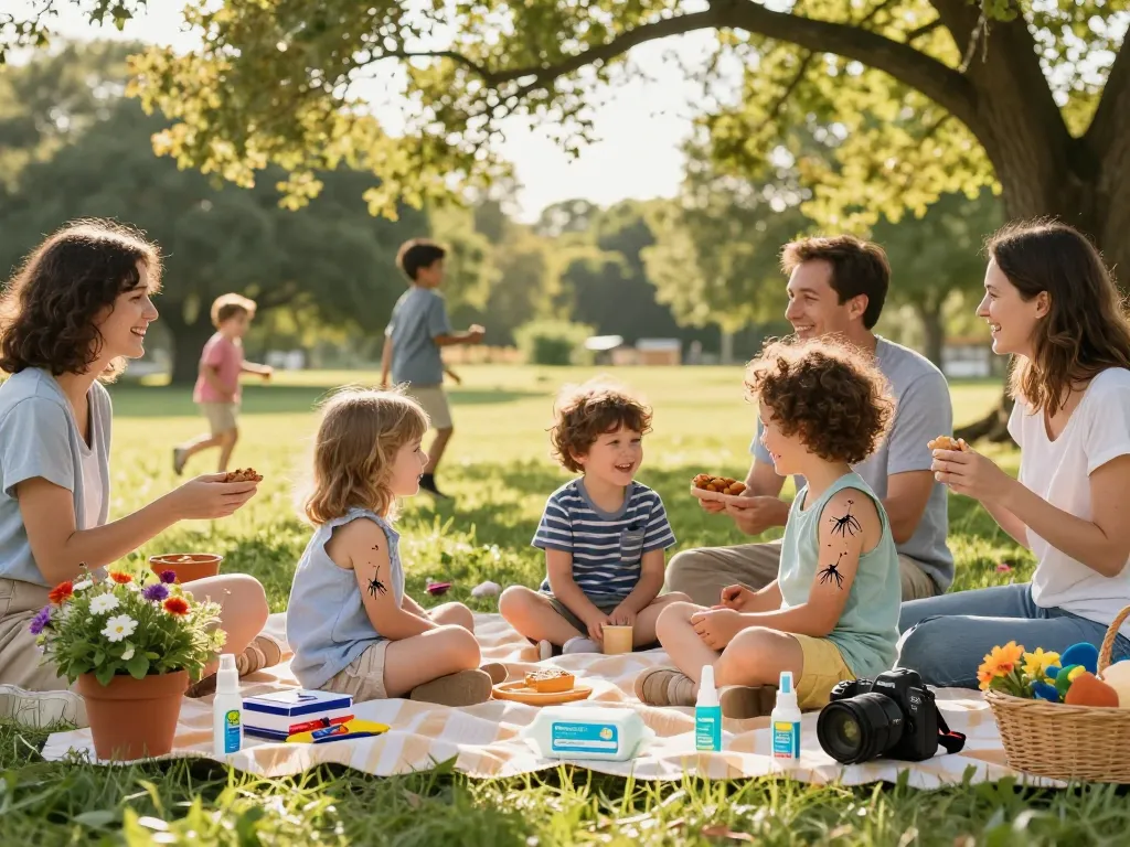 Family enjoying outdoor picnic with mosquito repellent products nearby to ensure protection from insects.