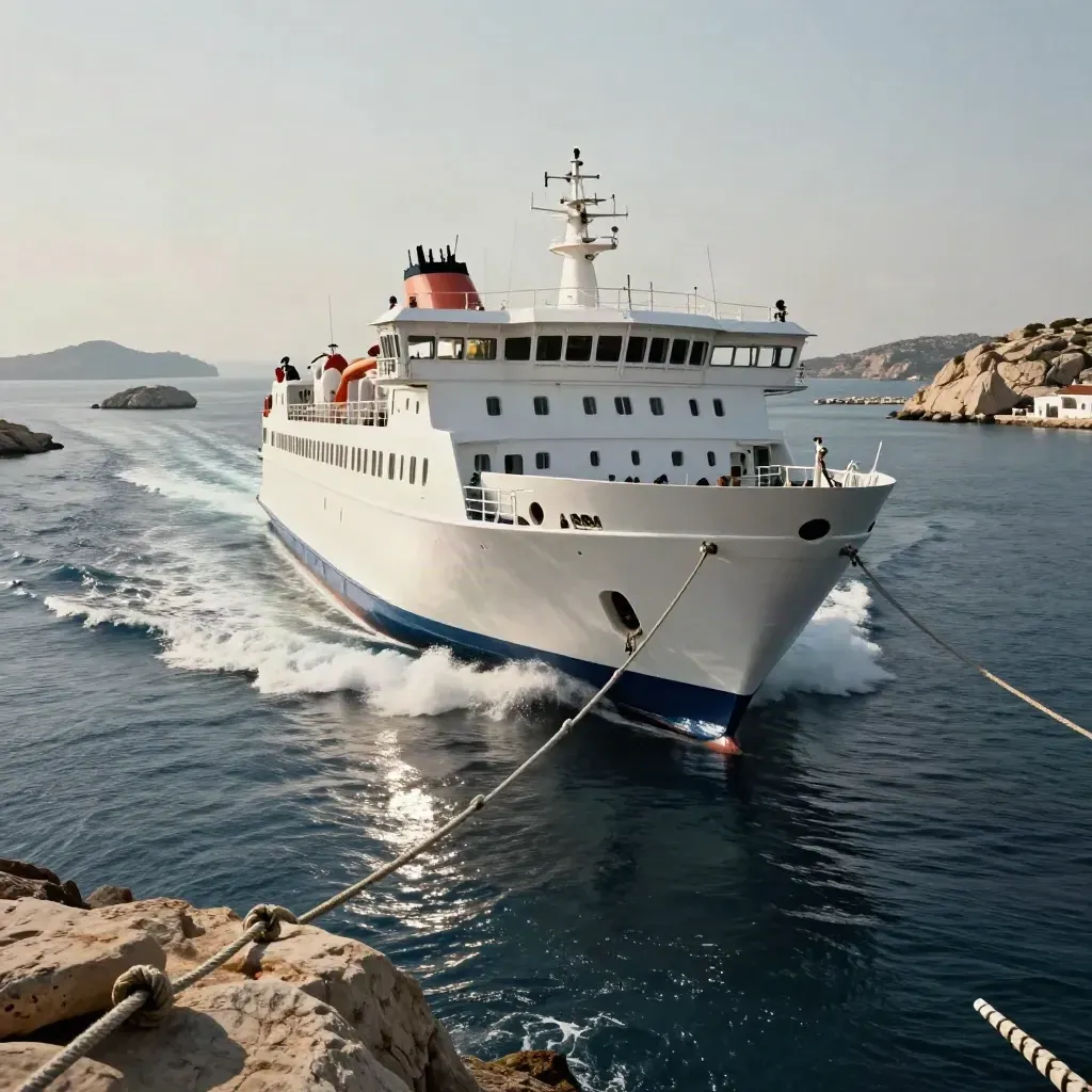White ferry bow turns through blue water between limestone islands, spray flashing in noon sun.